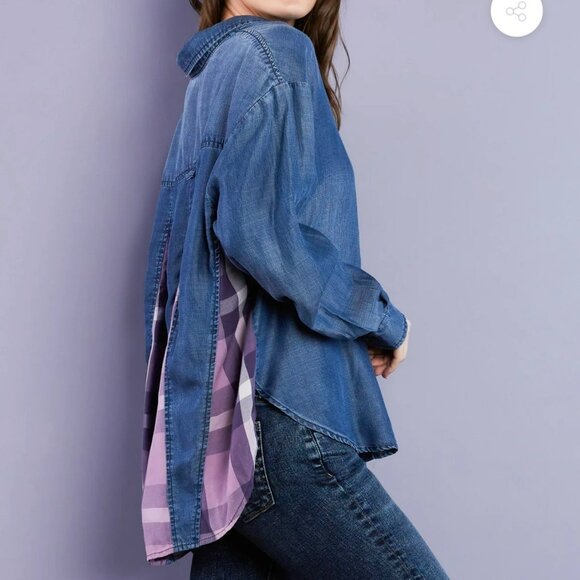 Billy T Love You To Pieces Shirt Women XL Blue Purple Chambray Denim Plaid Boho - Picture 7 of 15
